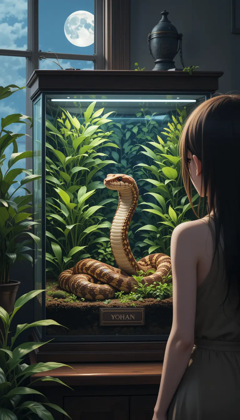 Anime woman watching a corn snake in a terrarium