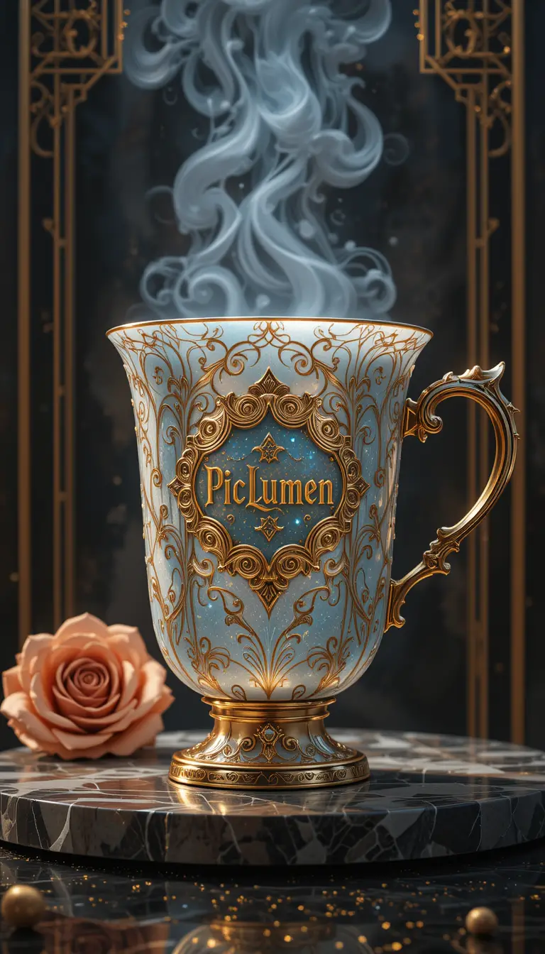 Luxurious arabesque coffee cup in dramatic digital illustration