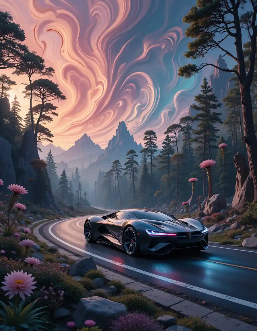 Futuristic car racing through a surreal painted forest sky