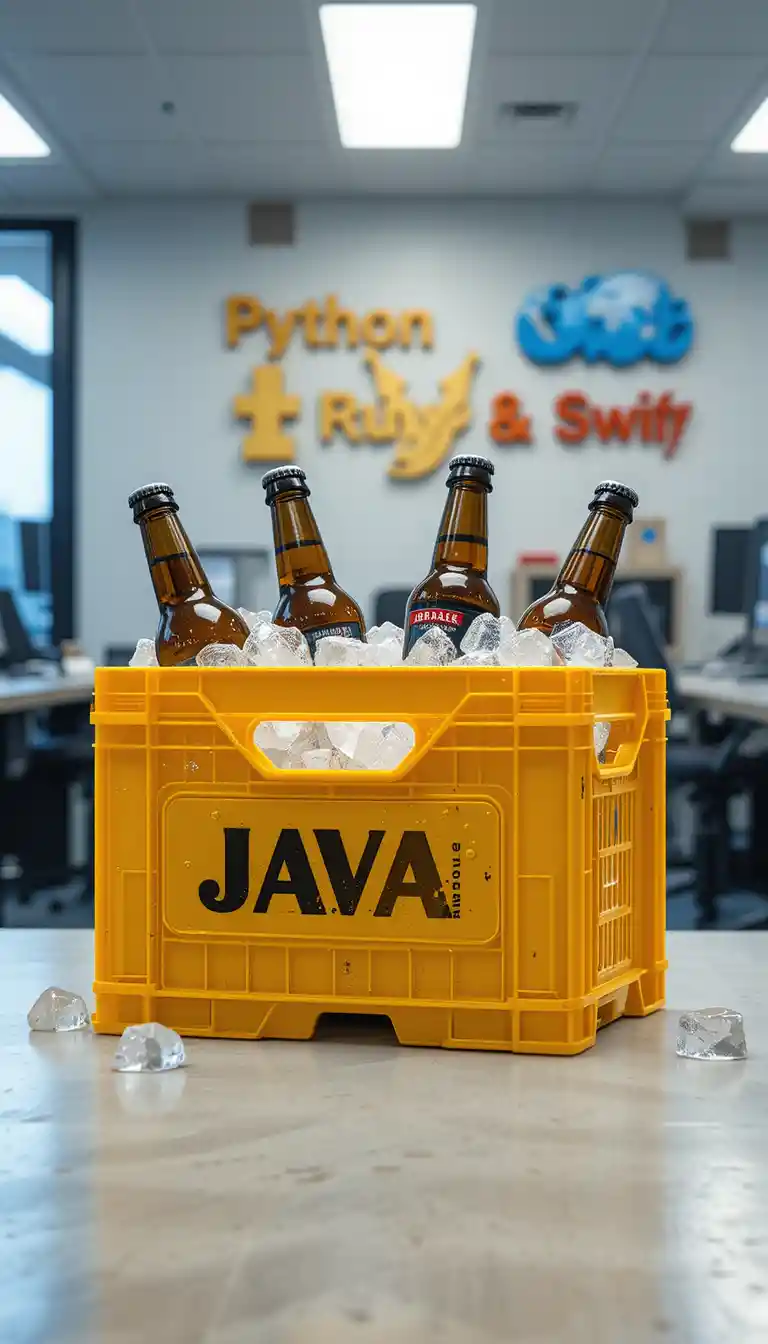 Caisse de bière jaune avec étiquette Java dans un bureau moderne