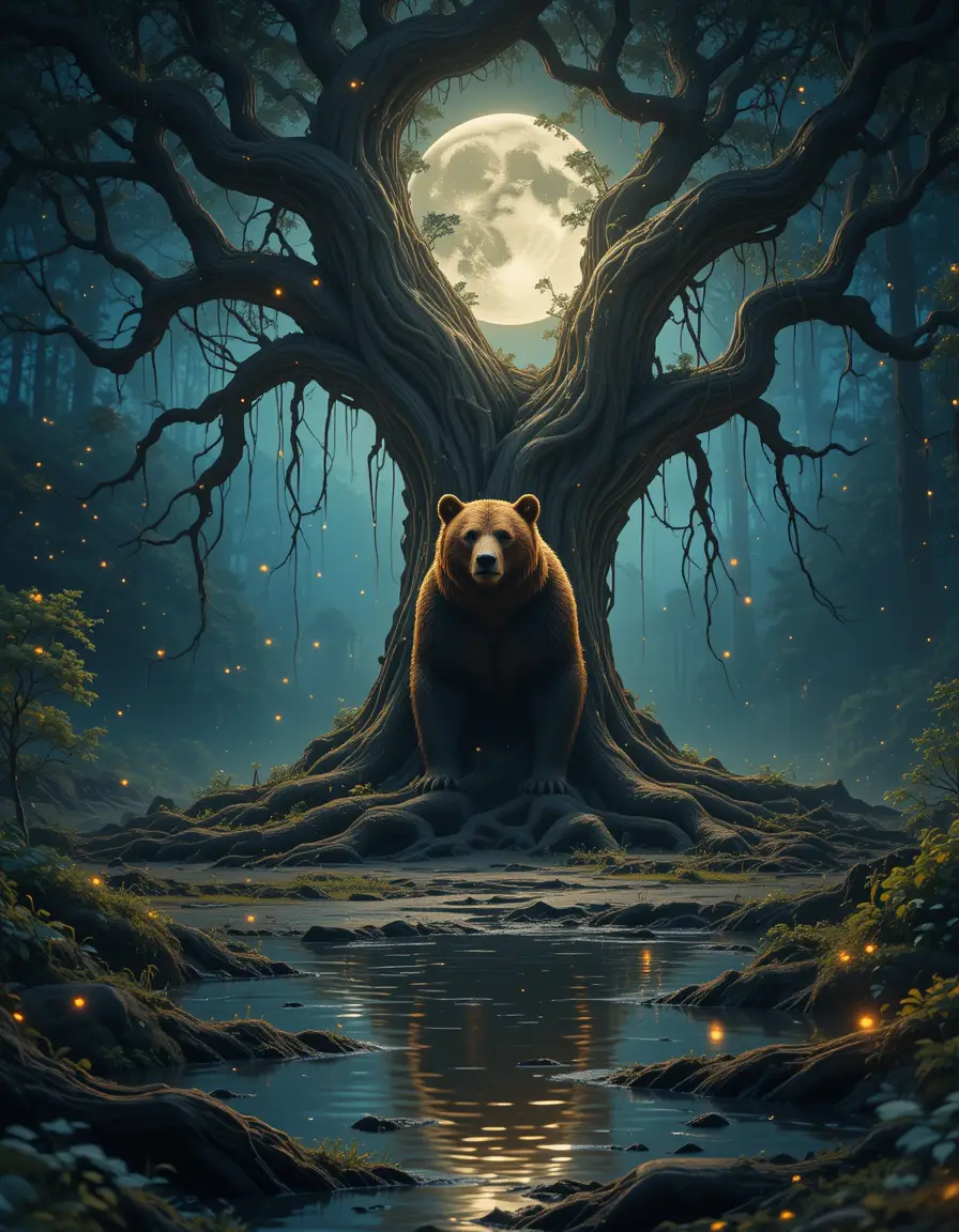 Majestic bear under an ancient tree in moonlit forest