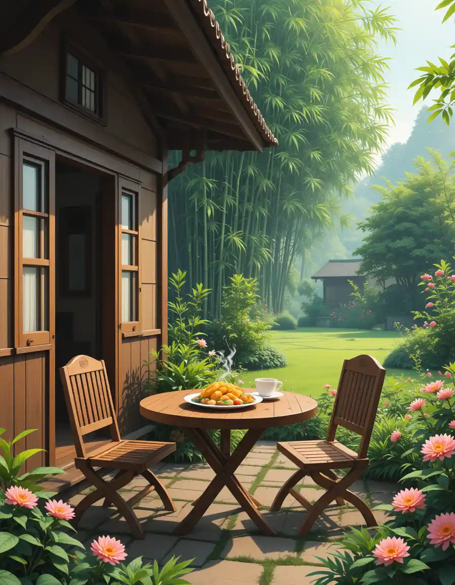 Cozy countryside house terrace with coffee and flowers