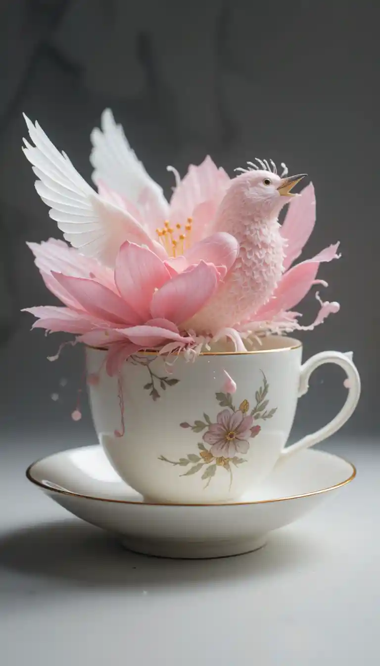 Teacup Transforming Into Flower And Bird In Flight