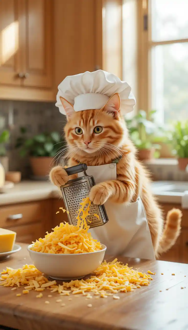 Orange tabby cat chef grating cheese in cozy kitchen