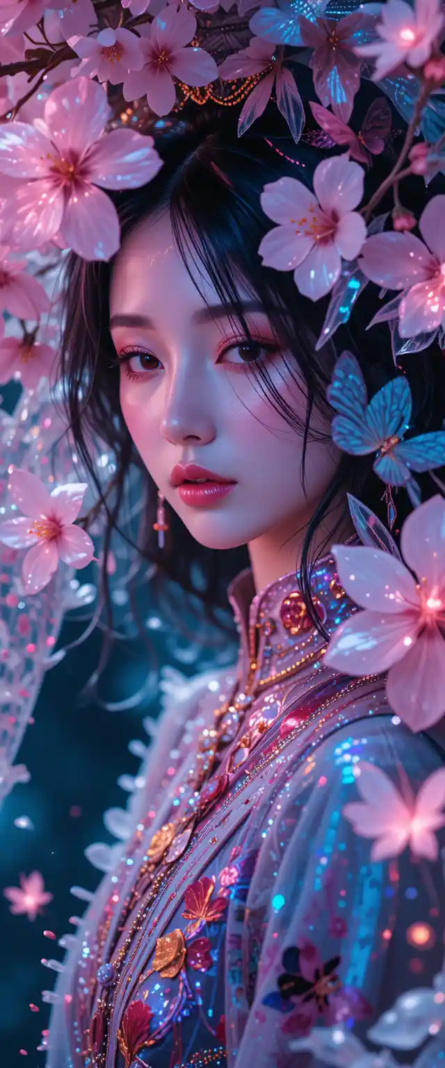 Oriental water beauty beneath neon ice cherry blossoms