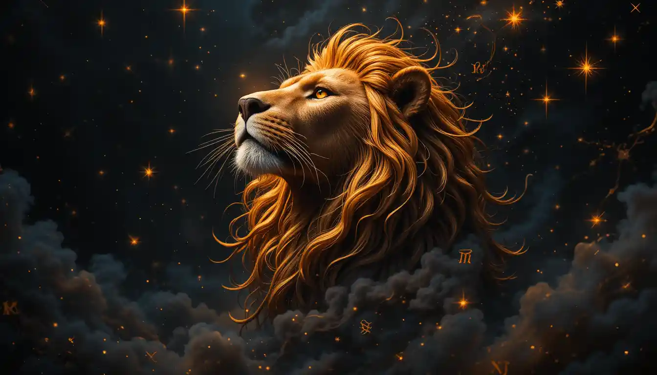 Majestic Leo lion head glowing against starry black sky