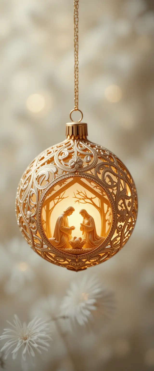 Glowing golden Christmas ornament with nativity scene detail