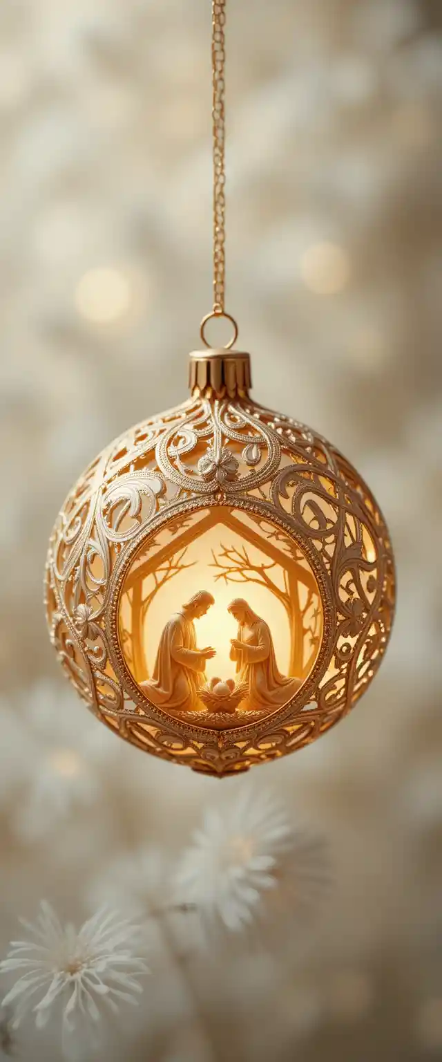 Glowing golden Christmas ornament with nativity scene detail