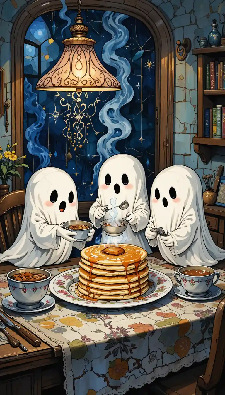 Cute chibi ghosts cooking pancakes at a night kitchen table