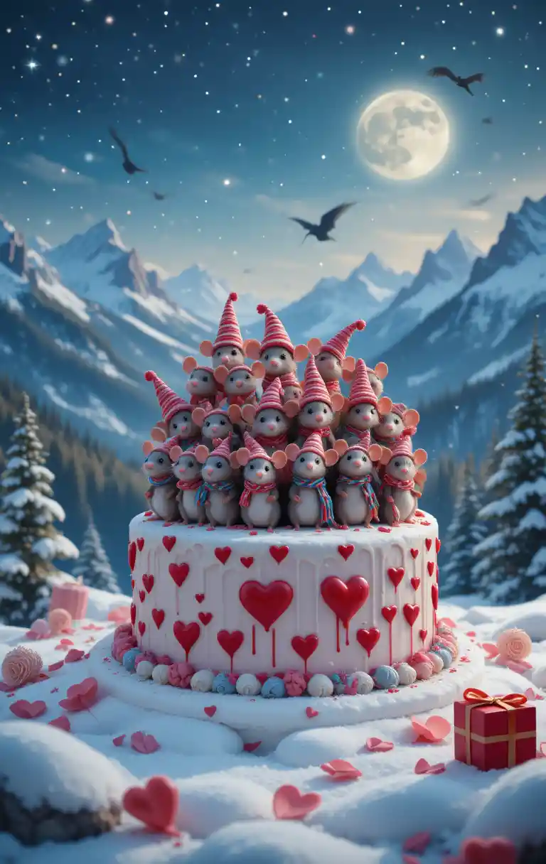 Romantic valentines cake with tiny mice in snowy mountains