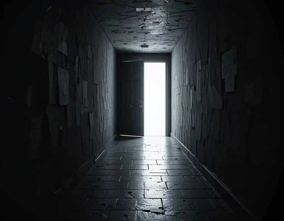 Dark hallway with black door opening to bright light