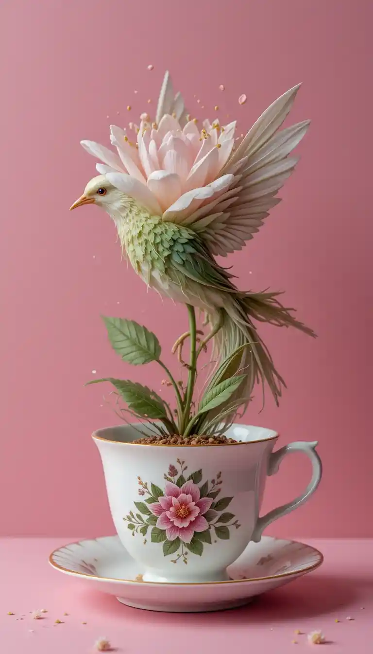 Teetasse, die sich auf rosa Hintergrund in Blume und Vogel verwandelt