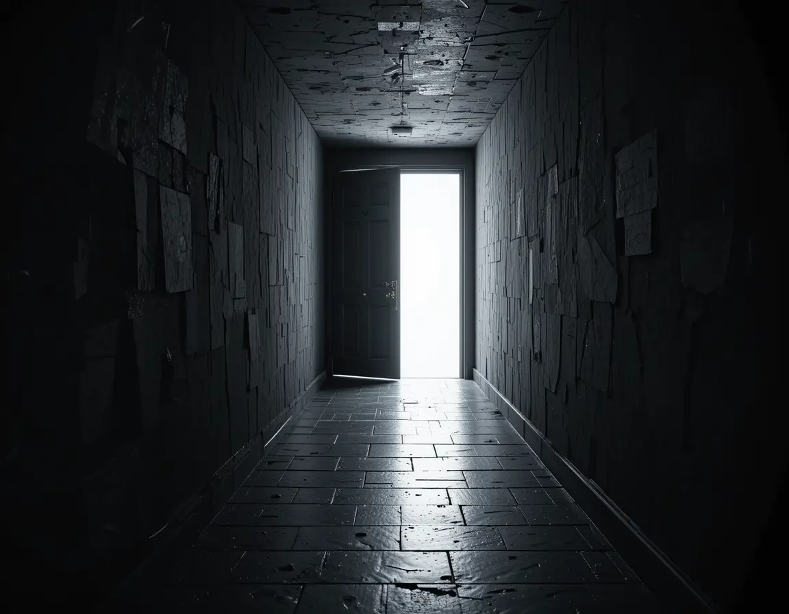 Dark hallway with black door opening to bright light