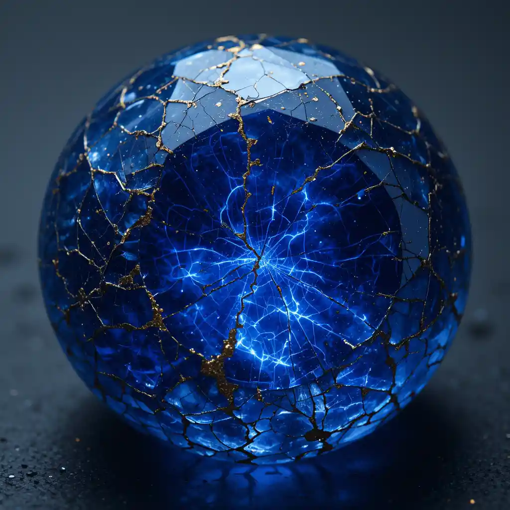 Cracked sapphire gemstone glowing with cosmic golden fissures