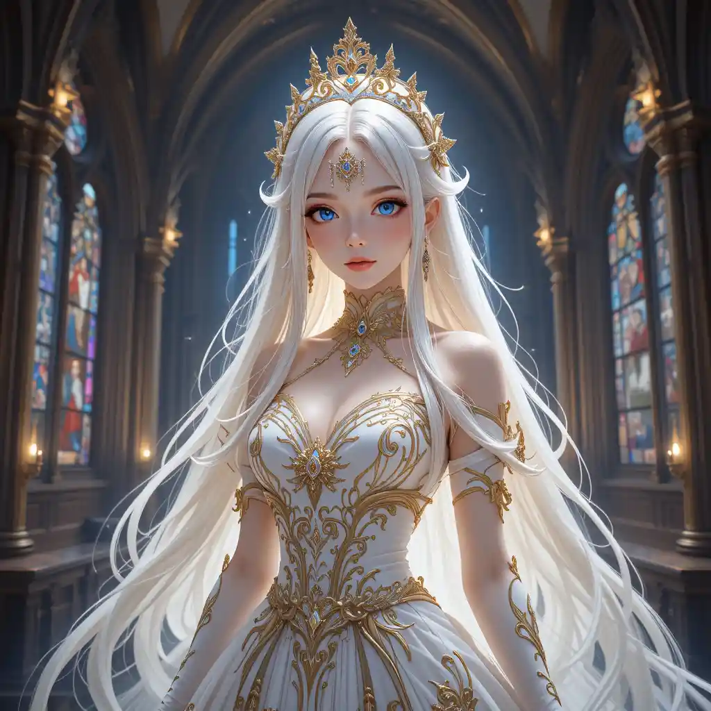 Fantasy-Anime-Prinzessin mit weißen Haaren in gotischer Halle