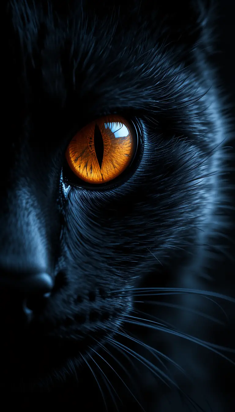 Close up black cat face with vivid orange eye