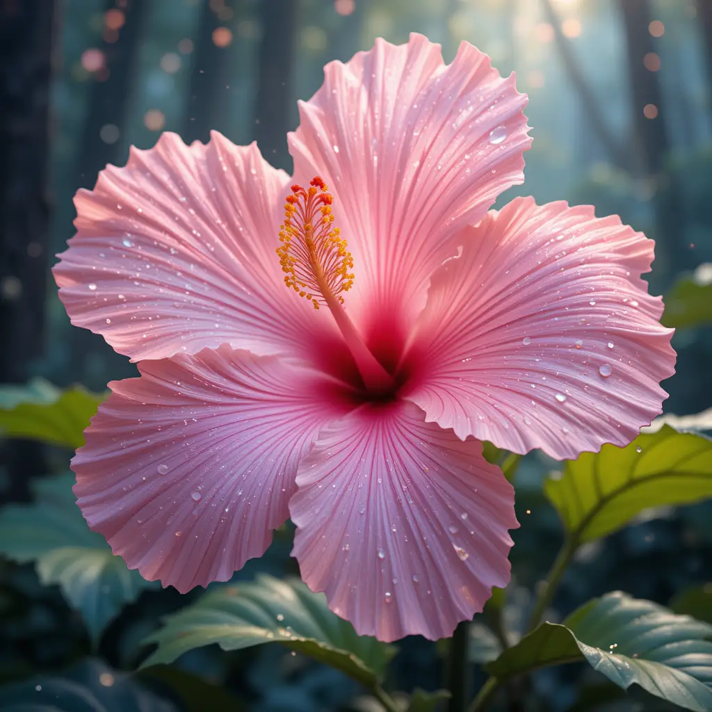 Translucent Pink Hibiscus With Droplets In Enchanted Forest