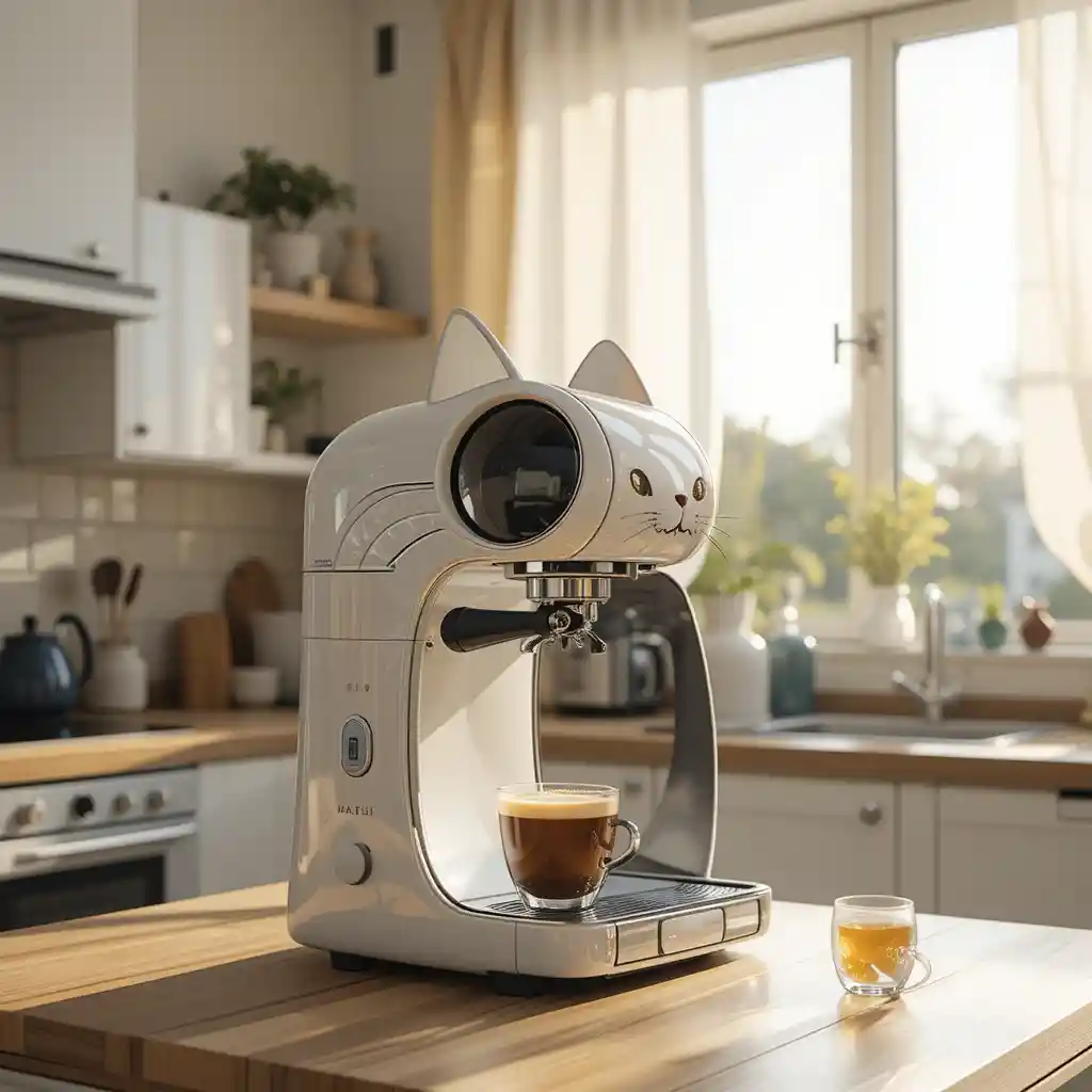 Cat shaped coffee machine on a sunny kitchen table