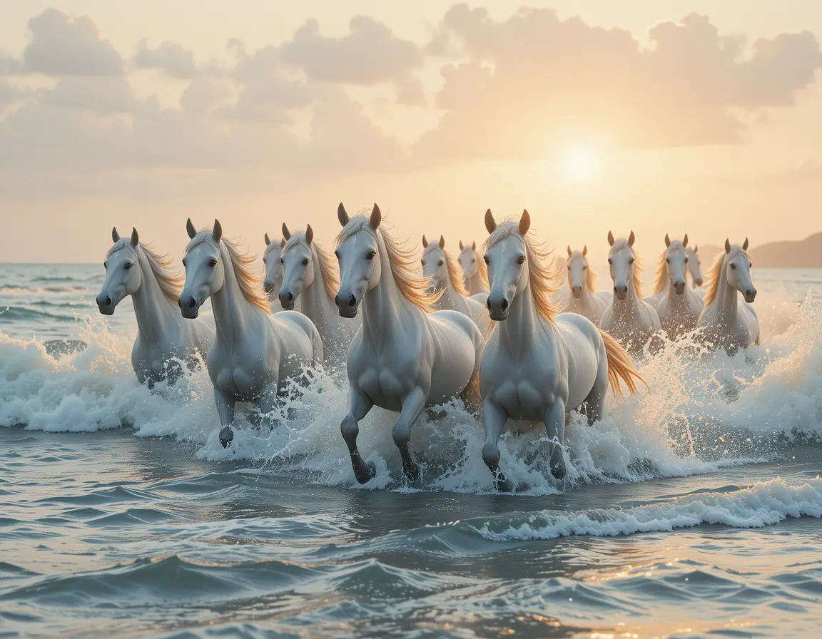 Mythical sea horses galloping from the ocean at sunset