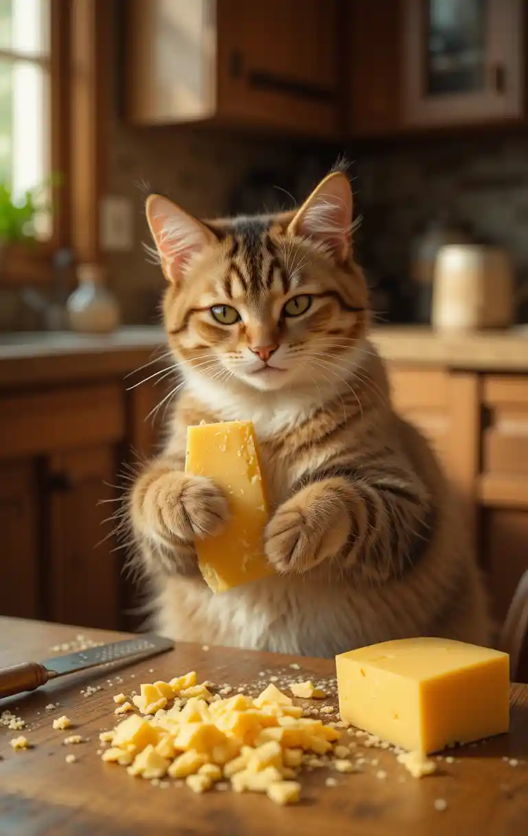 Cat Grating Aged Cheddar on a Rustic Kitchen Table