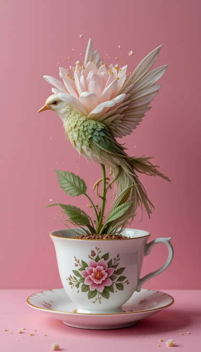 Teacup Transforming Into Flower And Bird On Pink Background