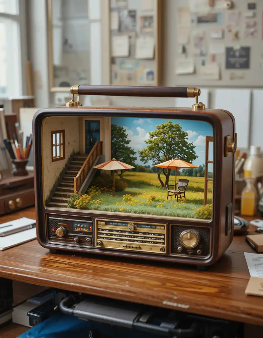 Miniatur-Funkraum mit Garten auf einem Schreibtisch