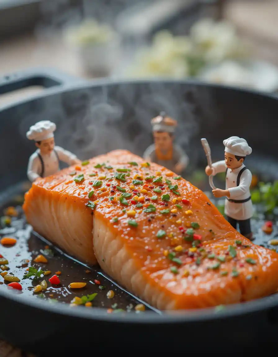 Close up salmon fillet with tiny chefs in skillet