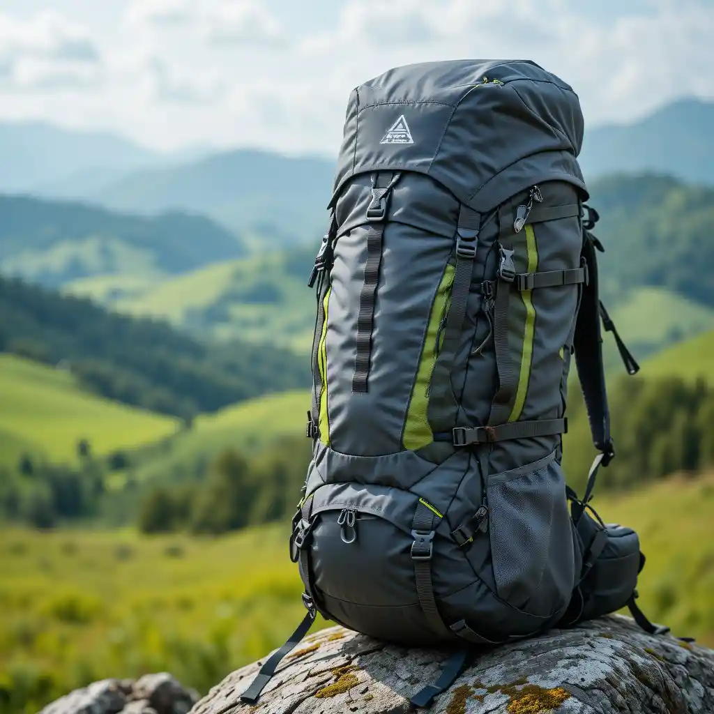 Hiking backpack on rock with green hills and mountains
