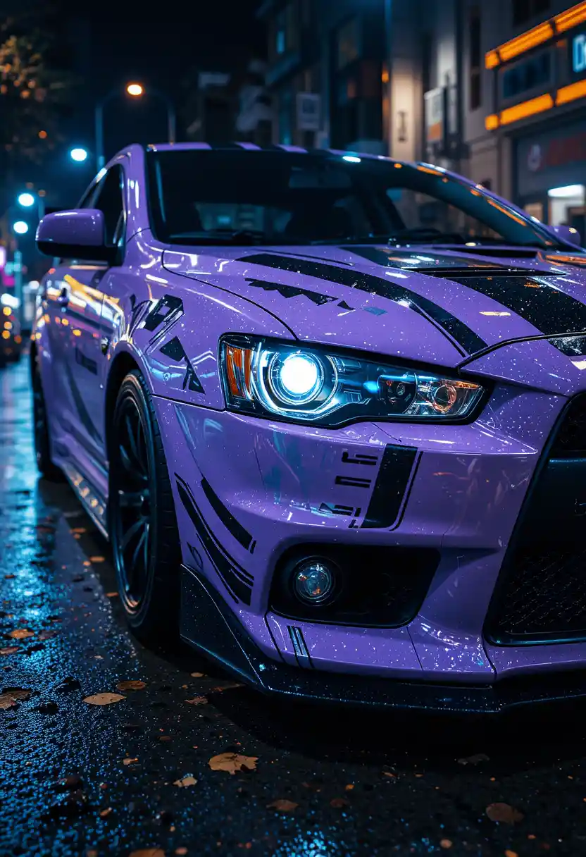 Cyberpunk-Auto auf nasser, neonbeleuchteter Großstadtstraße bei Nacht