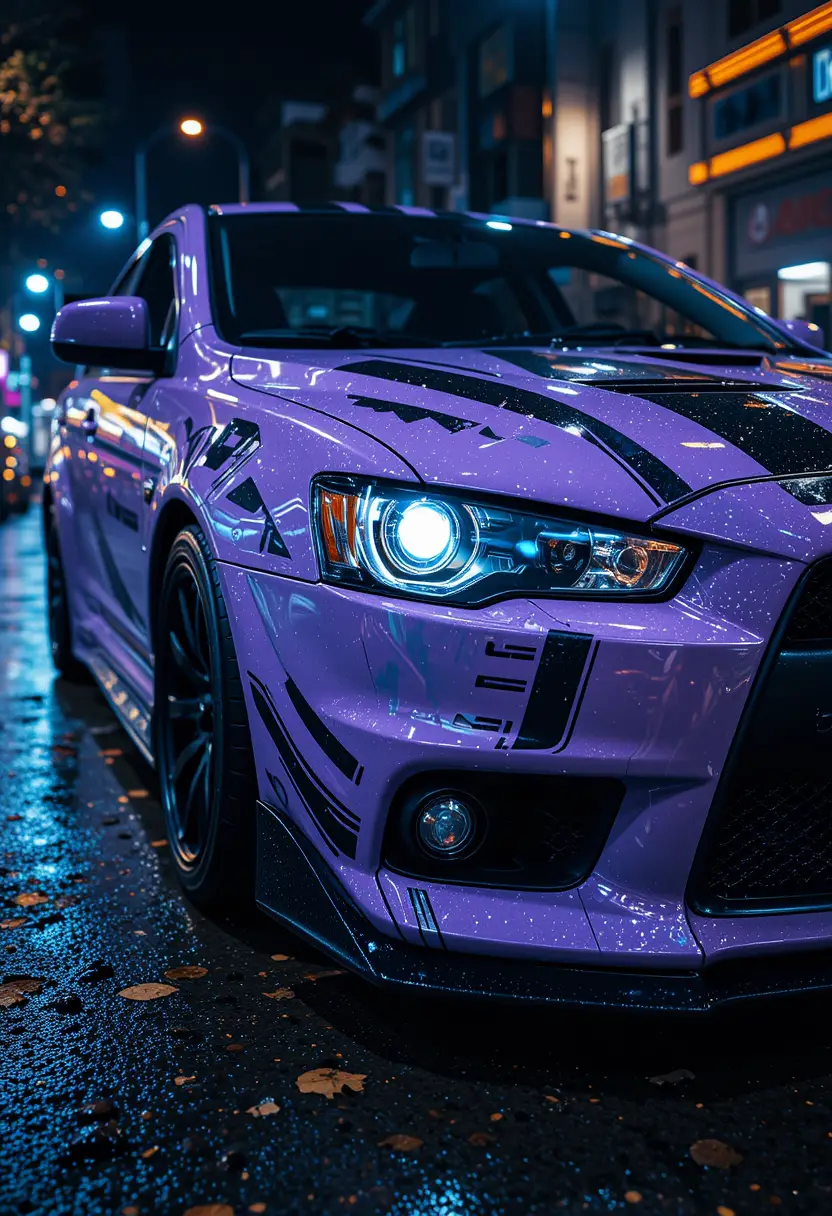 Cyberpunk car on neon lit wet city street at night