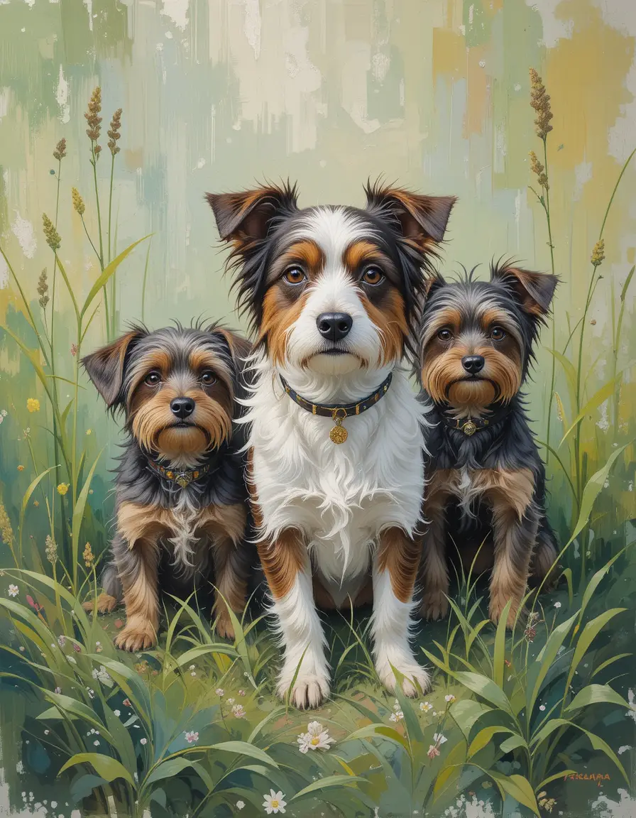 Mixed breed dog sitting in lush green grass painting