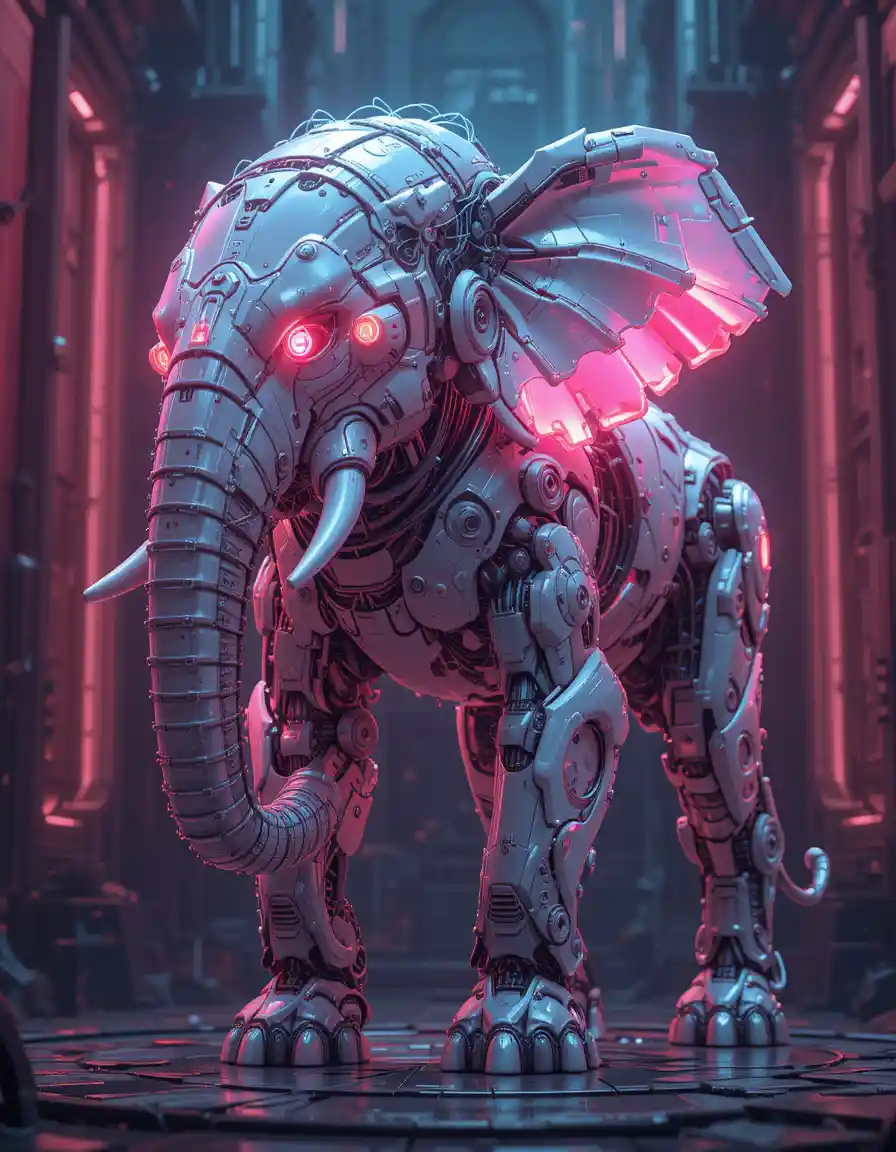 Futuristic Elephant Lion Robot In Neon Cyberpunk City