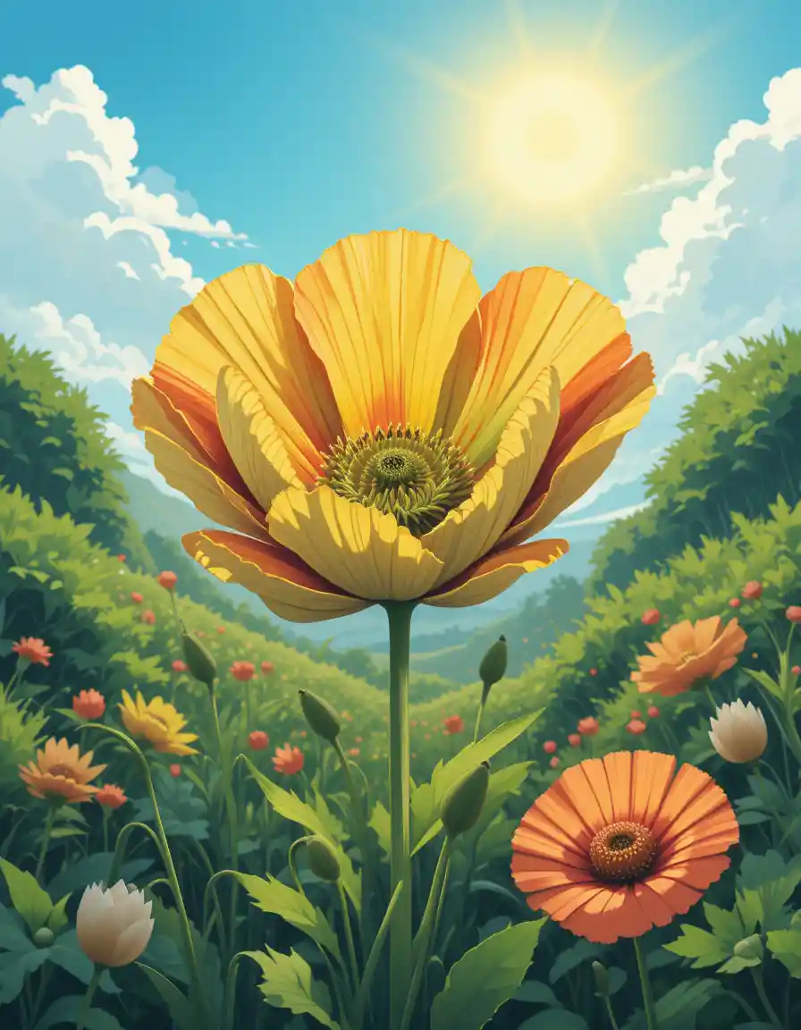 Whimsical poppy flower with avocado shaped petals illustration