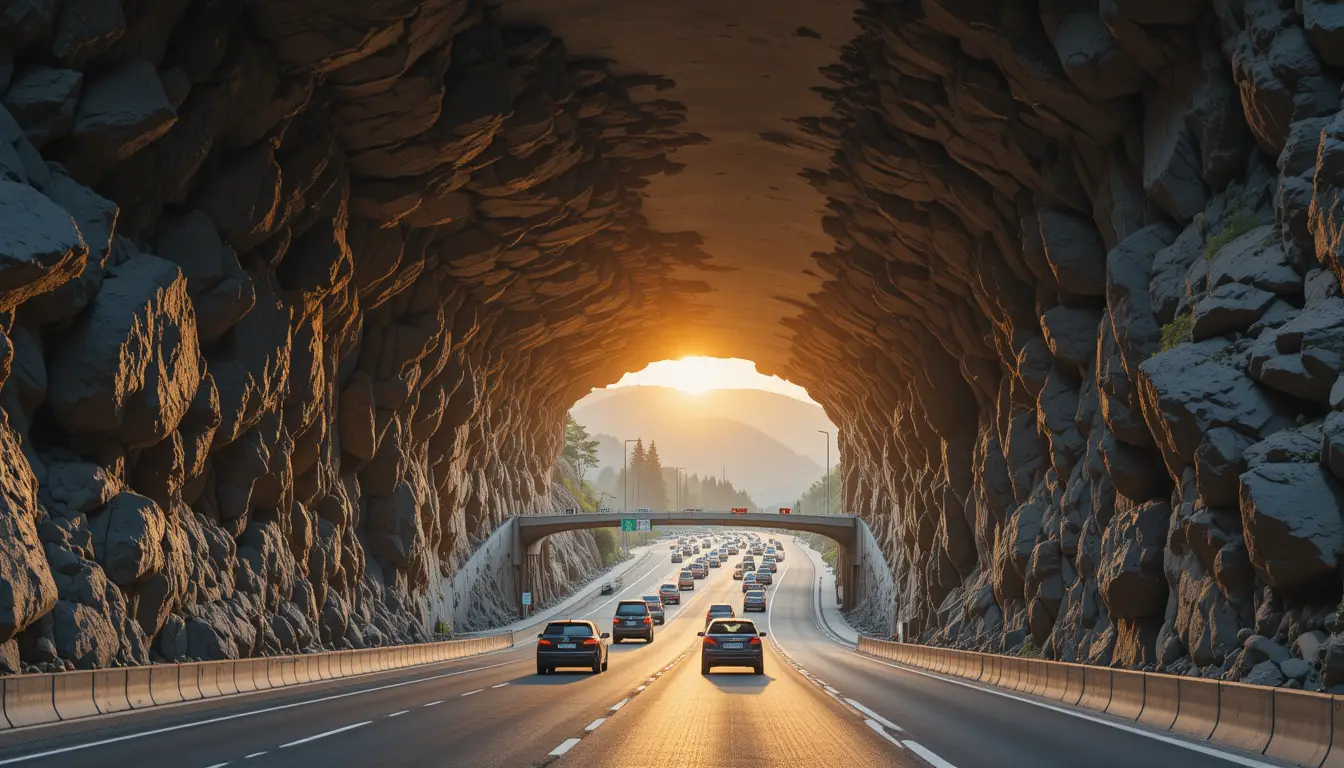 Sunlit mountain tunnel road filled with passing cars