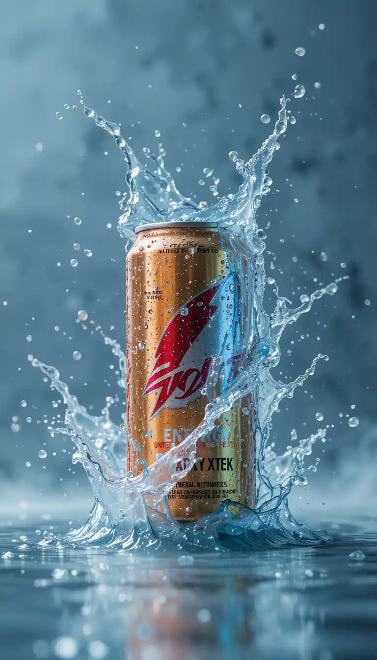 Energy drink can splash in dramatic product photography
