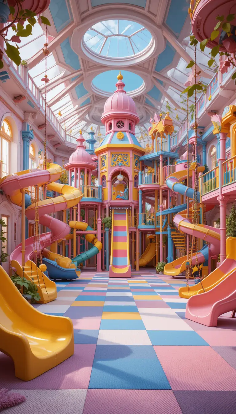 Colorful indoor playground with slides and swings