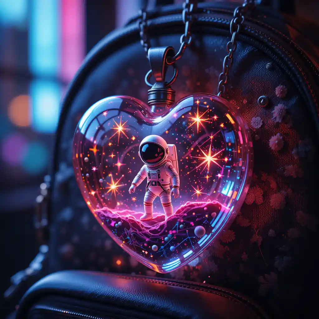 Double exposure heart pendant on backpack in neon space