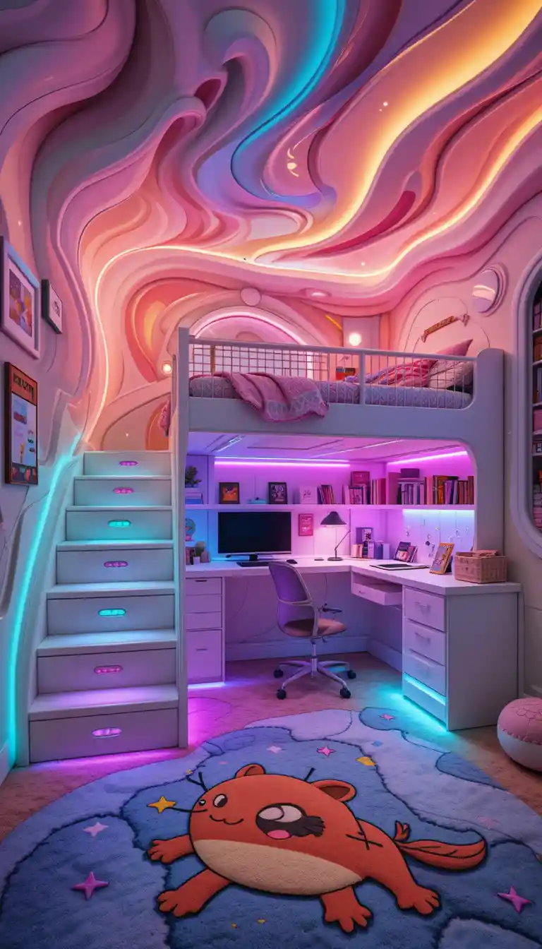Playful futuristic kids bedroom with bunk bed and study desk