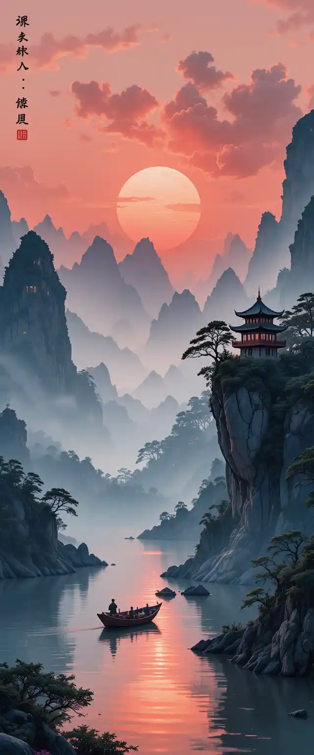 Paisaje de río y montañas chinas al atardecer sereno