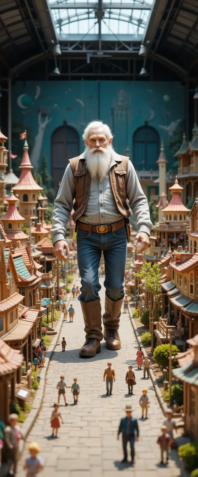 Gigante che Cammina in un Parco a Tema Fantasy in Miniatura
