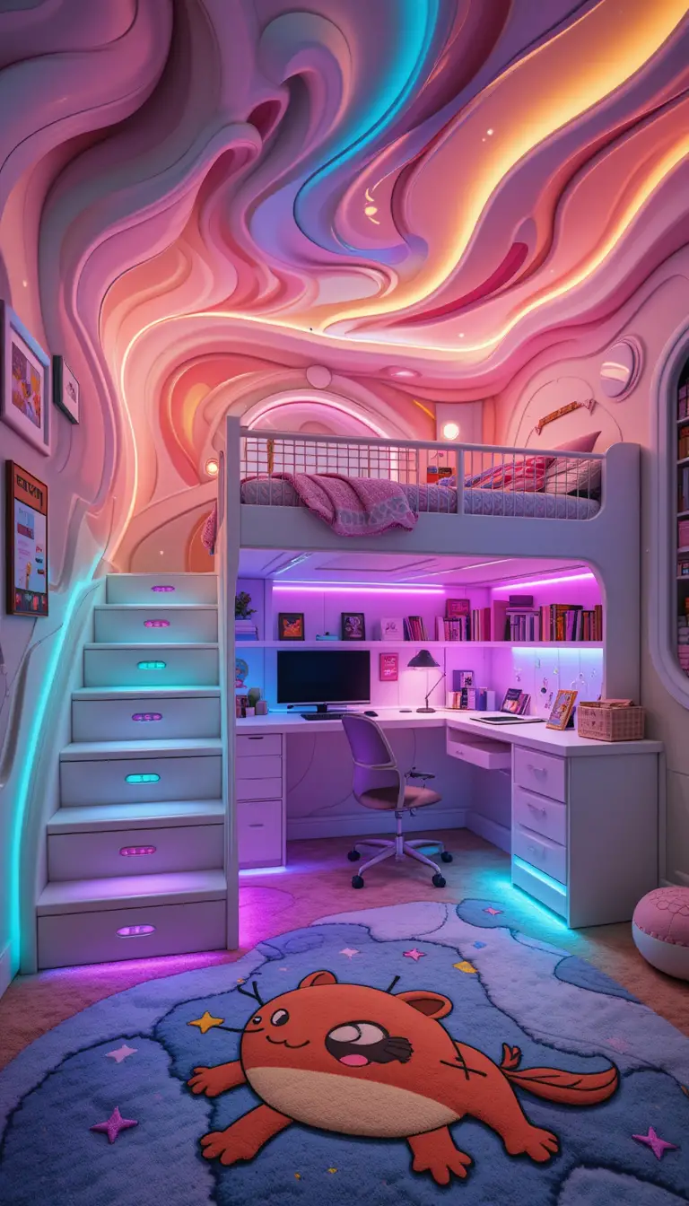 Playful futuristic kids bedroom with bunk bed and study desk