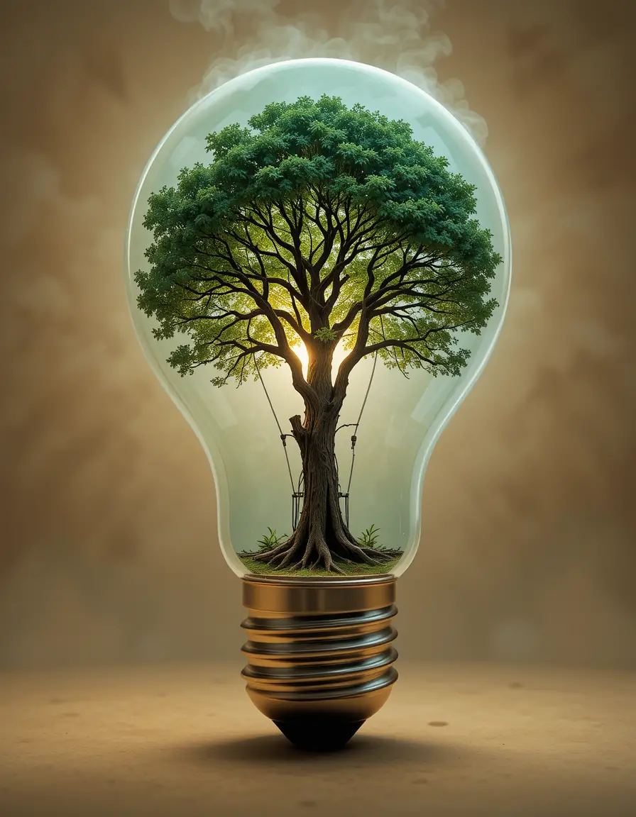 Light bulb transforming into a holographic tree illustration