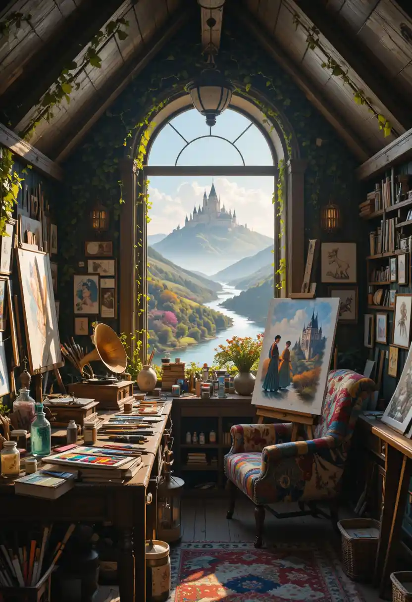 Cozy Attic Artist Studio With Sunlit Window View