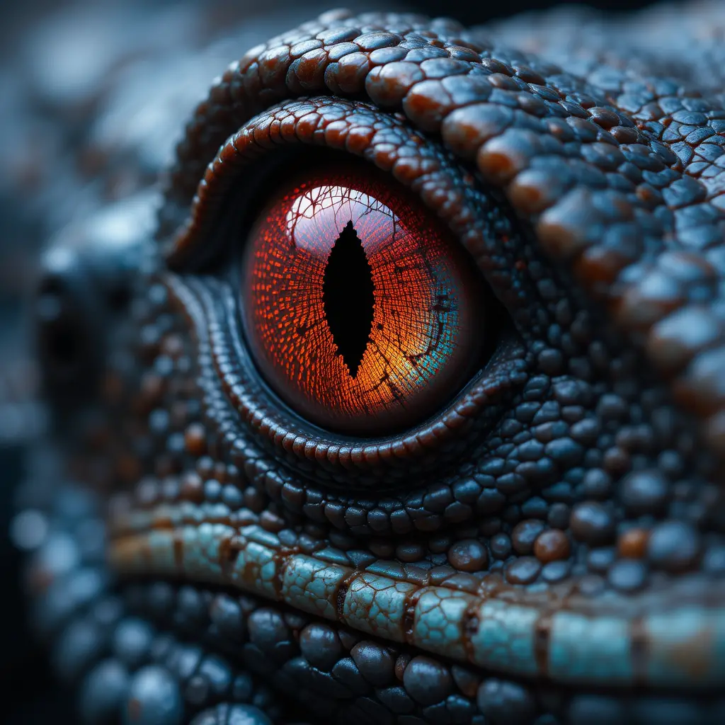 Extreme close up of a multicolored reptile eye