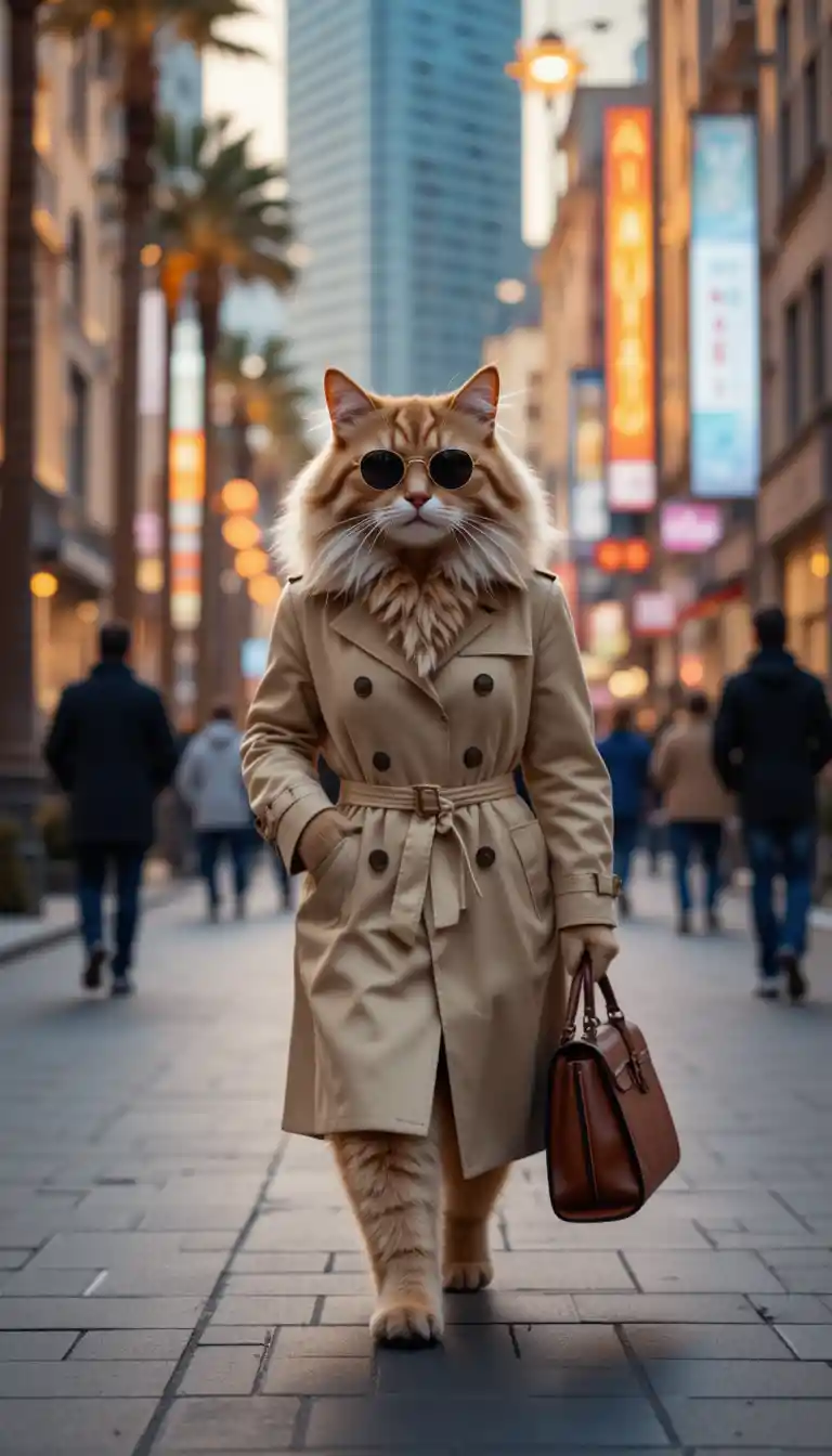 Stylish cat walking down an evening city street