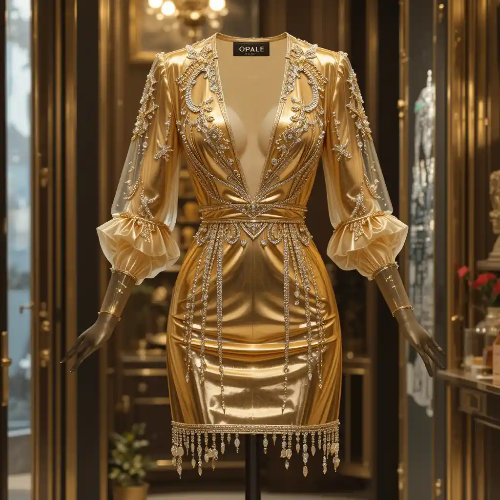 Golden luxury dress with diamond sleeves for advertising visual