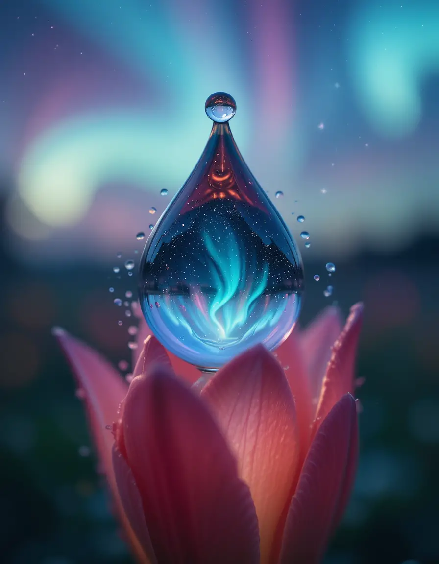 Close up water droplet reflecting northern lights sky