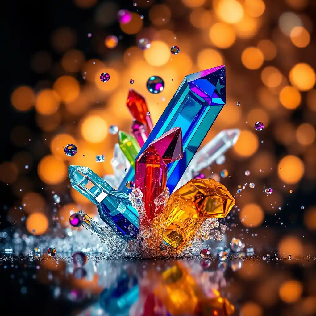 Abstract crystal shapes in motion against bokeh lights