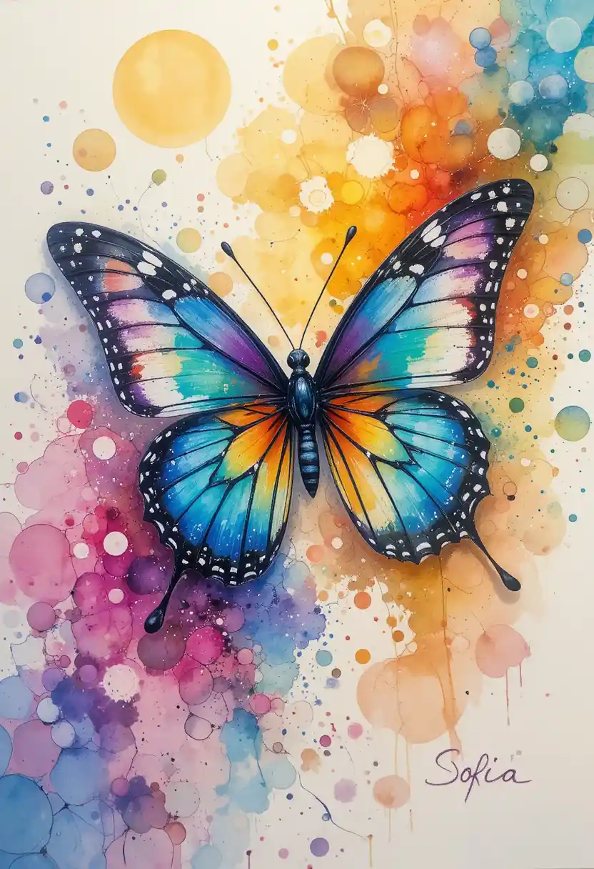 Colorful watercolor butterfly with abstract bubble background