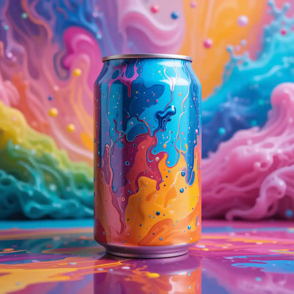 Colorful beverage can with vibrant liquid background